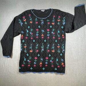 VTG Women Floral‎ Embroidered Sweater L 90s Black Ramie Cotton Boho Knit granny